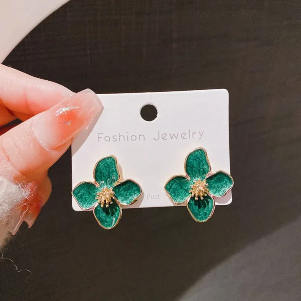 Light Green Enamel Oil Flower Stud Earrings for Women Elegant Four Blooming Petals Plant Earrings Cute Trendy Party Jewelry Gift - Image 5