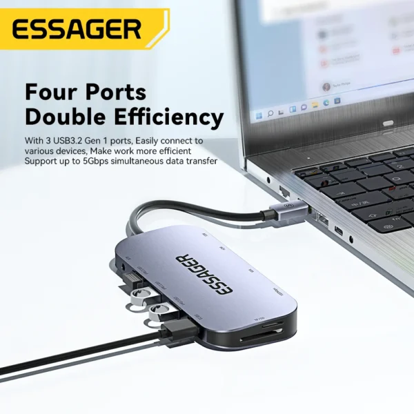 Essager 11 in 1 USB C HUB 4K 30HZ Type C Docking Station For Macbook Air Pro Adapter Splitter For Laptops HDMI-Compatible RJ45 - Image 2