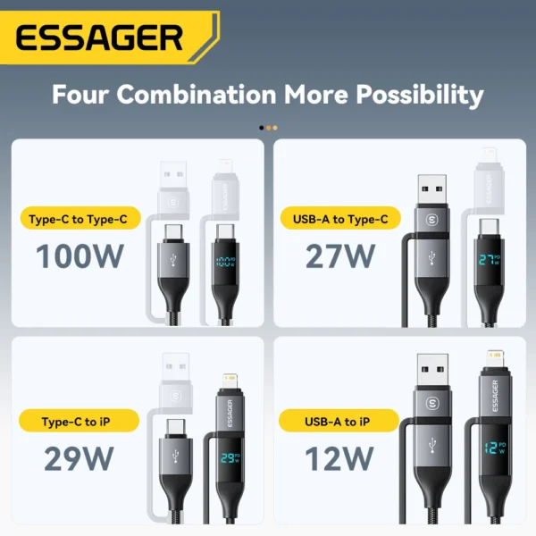 Essager 4 in 1 100W USB C Cable Digital Display Fast Charging For iPhone 16 Huawei Xiaomi MacBook iPad USB Type C Lighting Cord - Image 5