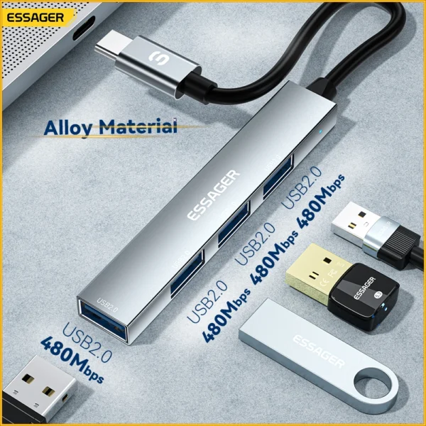 Essager 4 in 1 USB Hub to Type C USB 2.0 for Macbook Air Pro Laptop Dock Station Splitter - Image 2