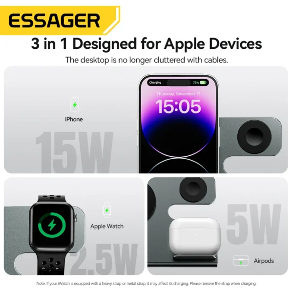 Essager 15W Wireless Charger 3 in 1 Fast Charging Desktop Stand For iPhone 15 14 13 AirPods Apple Watch Charging Station Holder - Image 4