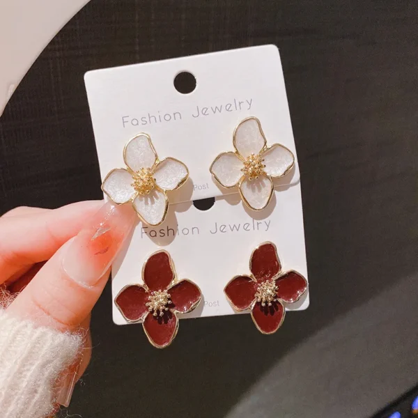 Hibiscus Dropped Glaze Flower Stud Earrings for Women Girl French Ins Vintage 2024 Fashion Korean Wedding Romantic Jewelry Gifts - Image 2