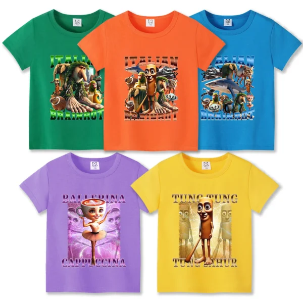 Italian Brainrot Themed Boys Girl T-shirt Popular Meme Animal Children Clothing Tralalero Tralala Summer Short Sleeve Cotton Tee