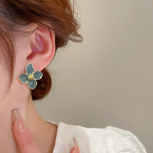 Light Green Enamel Oil Flower Stud Earrings for Women Elegant Four Blooming Petals Plant Earrings Cute Trendy Party Jewelry Gift - Image 3