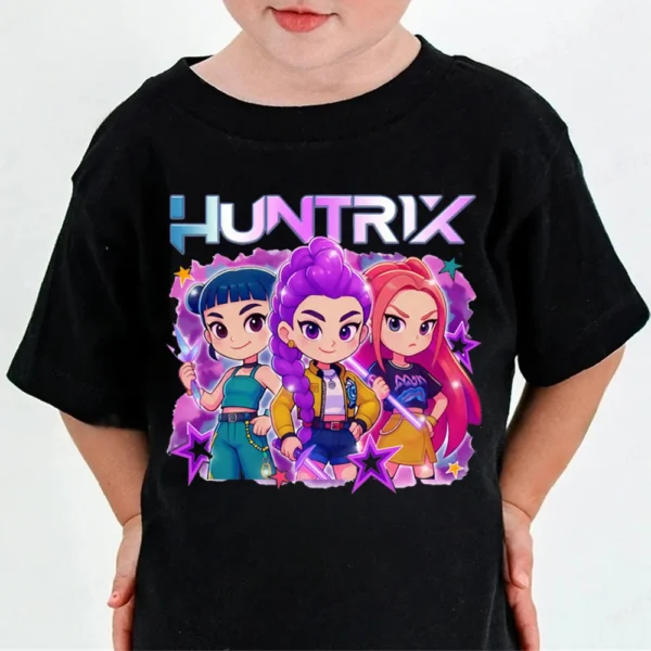 Huntrix Kpop Demon Hunters T-Shirt for Boys Girls Fans Gift Summer Crew Neck Short Sleeve Tees Fashion Kids T-shirt