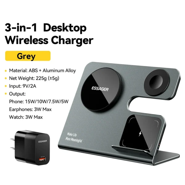 Essager 15W Wireless Charger 3 in 1 Fast Charging Desktop Stand For iPhone 15 14 13 AirPods Apple Watch Charging Station Holder - Image 9