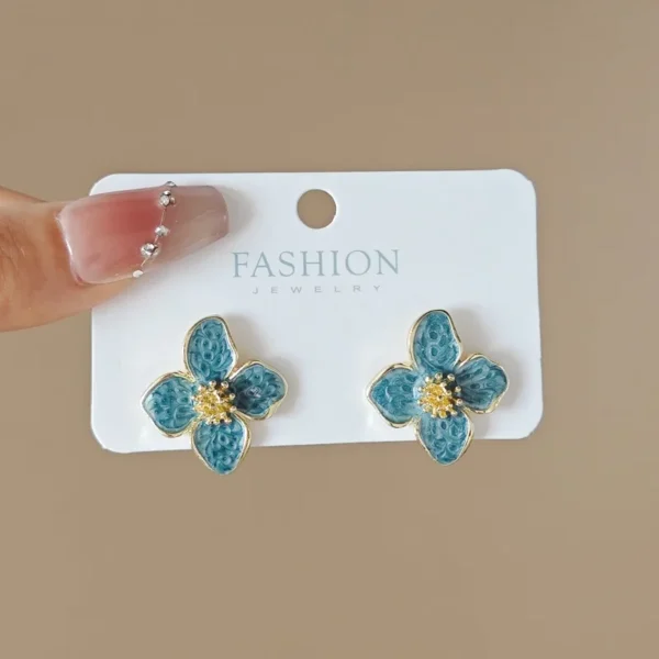 Light Green Enamel Oil Flower Stud Earrings for Women Elegant Four Blooming Petals Plant Earrings Cute Trendy Party Jewelry Gift - Image 7