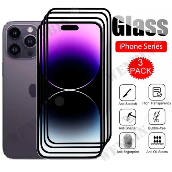 3 Pcs Tempered Glass For iPhone 17 16 15 14 Pro Max Plus Mini 8 7 Plus SE Full Cover Screen Protector