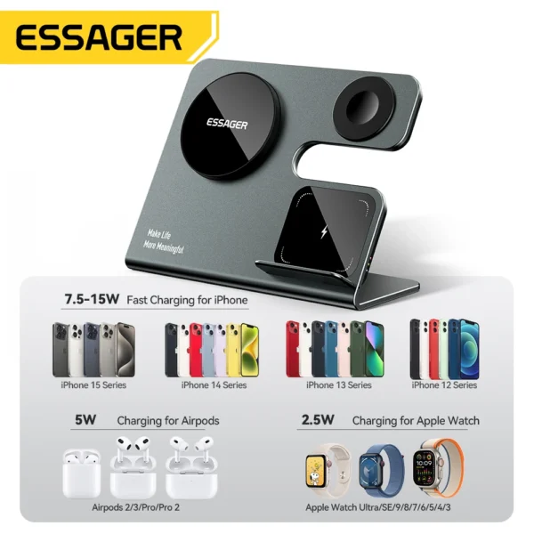 Essager 15W Wireless Charger 3 in 1 Fast Charging Desktop Stand For iPhone 15 14 13 AirPods Apple Watch Charging Station Holder - Image 5