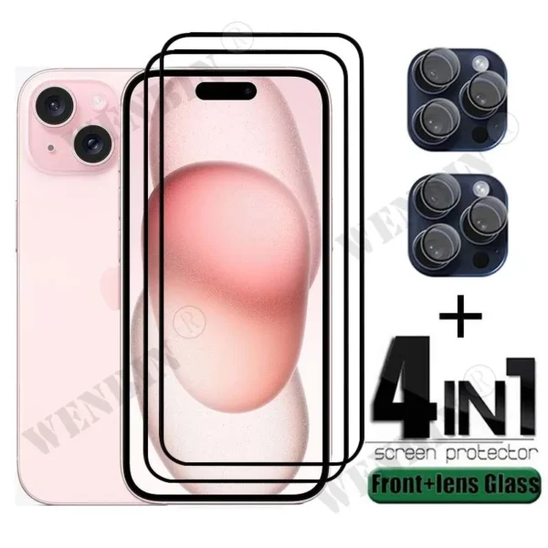 9HD 4 in 1 For iPhone 17 16 15 14 Pro Max Plus Mini Screen Protector Full Protective Glass+lens protector