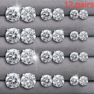 12 Pairs Set Stainless Steel Stud Earrings with Gemstone Buds Round Earrings Unisex
