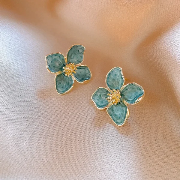 Light Green Enamel Oil Flower Stud Earrings for Women Elegant Four Blooming Petals Plant Earrings Cute Trendy Party Jewelry Gift - Image 6