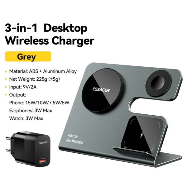 Essager 15W Wireless Charger 3 in 1 Fast Charging Desktop Stand For iPhone 15 14 13 AirPods Apple Watch Charging Station Holder - Image 8