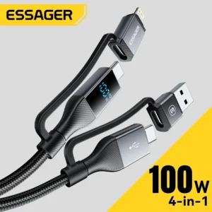 Essager 4 in 1 100W USB C Cable Digital Display Fast Charging For iPhone 16 Huawei Xiaomi MacBook iPad USB Type C Lighting Cord