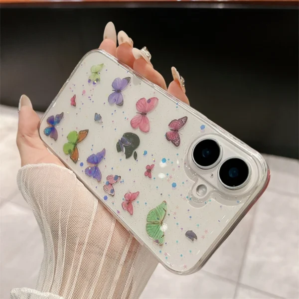 Luxury Transparent Butterfly Glitter Phone Case For iPhone 16 15 14 Plus 13 12 11 Pro Max Epoxy Resin Soft Cute Girls Clear Capa
