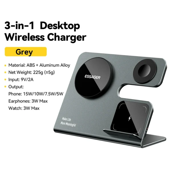 Essager 15W Wireless Charger 3 in 1 Fast Charging Desktop Stand For iPhone 15 14 13 AirPods Apple Watch Charging Station Holder - Image 7
