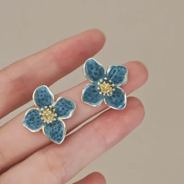Light Green Enamel Oil Flower Stud Earrings for Women Elegant Four Blooming Petals Plant Earrings Cute Trendy Party Jewelry Gift - Image 2