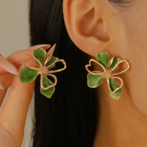 Vintage Colored Drop Glazed Double-Layer Flower Stud Earrings for Women Temperament Unique Metal Petal Earrings Fashion Jewelry