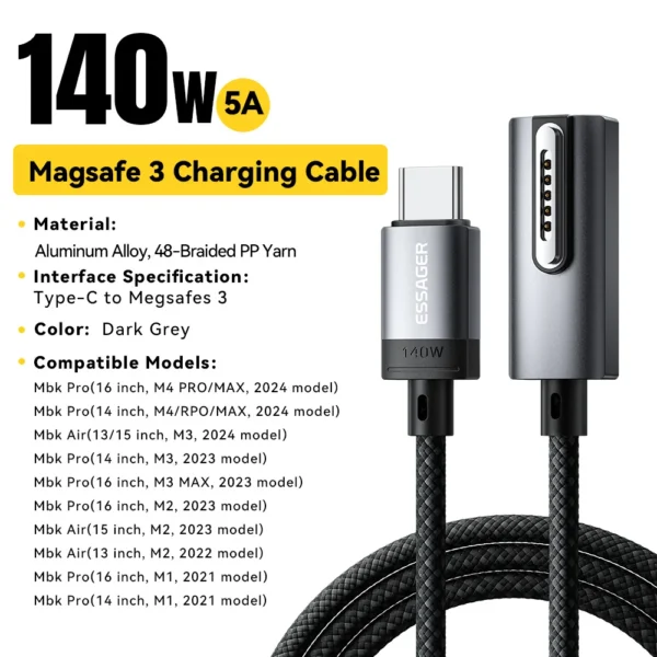 Essager USB Type C to MagSafe3 Cable 140W PD3.1 Fast Charge Magnetic Cable For Macbook Pro Air  2022 2023 MagSafe 3 Charger Cord - Image 7