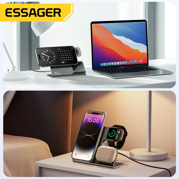 Essager 15W Wireless Charger 3 in 1 Fast Charging Desktop Stand For iPhone 15 14 13 AirPods Apple Watch Charging Station Holder - Image 2