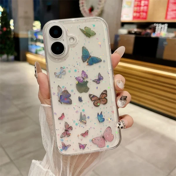 Luxury Transparent Butterfly Glitter Phone Case For iPhone 16 15 14 Plus 13 12 11 Pro Max Epoxy Resin Soft Cute Girls Clear Capa - Image 4