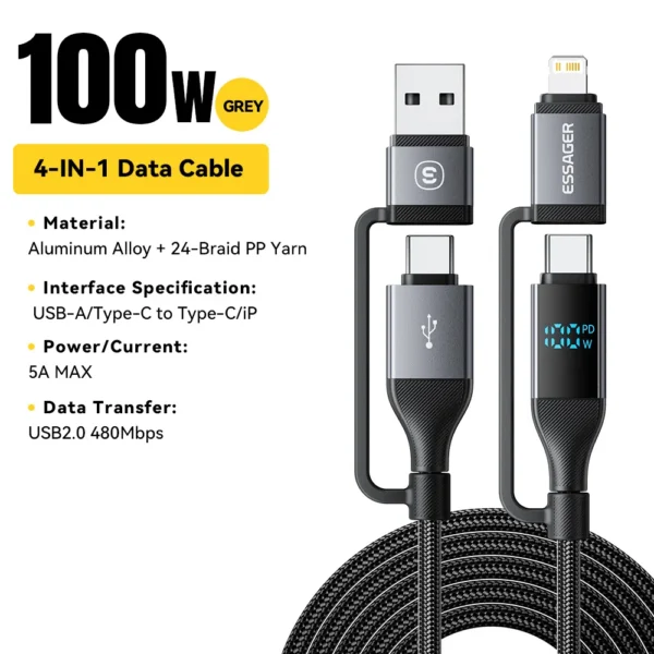 Essager 4 in 1 100W USB C Cable Digital Display Fast Charging For iPhone 16 Huawei Xiaomi MacBook iPad USB Type C Lighting Cord - Image 7