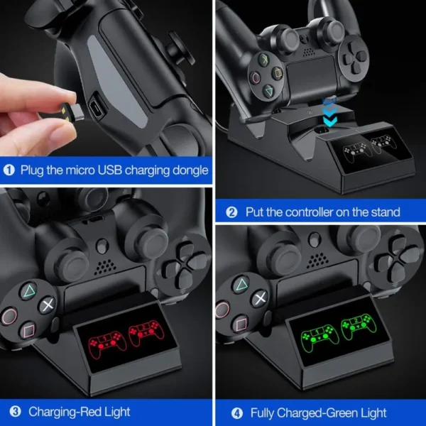 PS4 Controller Charger Charging Dock Station with 4 Micro USB Charging Dongles Dual Charging Dock for Playstation 4 PS4 Slim Pro - Image 3