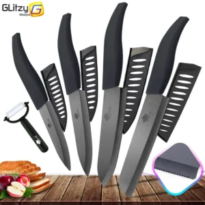 Ceramic Knives Set for Kitchen Unit 3 4 5 6 Inch Utility Fruit Slicing Peeler with Sheath Black Zirconia Blade Bread Chef Knife