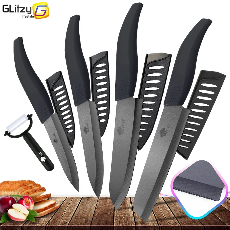 Ceramic Knives Set for Kitchen Unit 3 4 5 6 Inch Utility Fruit Slicing Peeler with Sheath Black Zirconia Blade Bread Chef Knife 1 Ceramic Knives Set for Kitchen Unit 3 4 5 6 Inch Utility Fruit Slicing Peeler with Sheath Black Zirconia Blade Bread Chef Knife