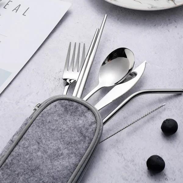 Tableware Reusable Travel Cutlery Set Camp Utensils Set with Stainless Steel Spoon Fork Chopsticks Straw Portable Case - Image 5
