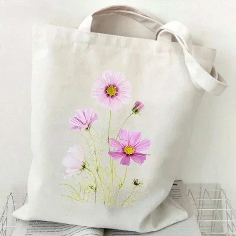 Vintage Daisy Shoulder Bag Wildflower Oil Print Black Canvas Tote Bag for Women Girl Stylish Plant-Themed Shopping Handbag 3 Vintage Daisy Shoulder Bag Wildflower Oil Print Black Canvas Tote Bag for Women Girl Stylish Plant-Themed Shopping Handbag - Image 3