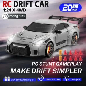 4WD RC Drift Car 2.4GHz 1:24 20KM+/H High Speed Model Remote Control Vehicle with LED Lights Extra Tires Toy Car Adult Kid Gift、