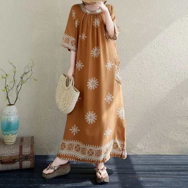Retro Fashion plus Size Summer Printed Long Dress Slimming round Neck Loose Fit Women's Dress Ethnic Style Casual Maxi Dress - Image 3