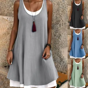 Summer 2025 Casual Sleeveless Fake Two-Piece Loose Vest Dress Cross-Border Independent Station Loose Fit Casual Style Dress
