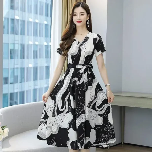 Plus Size V-Neck Korean Style Elegant Slimming Long Dress Short Sleeve Overhead Floral A- Line Skirt Women Summer Fashion Dress - Image 4
