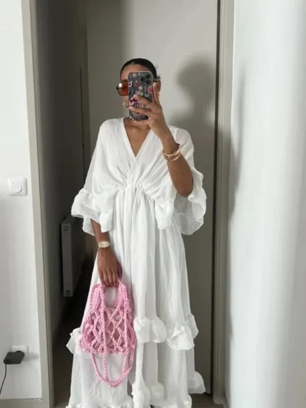 Women High Waist Full Sleeve A-line Long Dress White V Neck Chiffon Layered Ruffles Maxi Dresses Summer Lady High Street Robes - Image 4