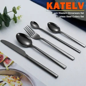 Western Tableware Black Dinnerware Set 6 Pieces Cutlery Set Stainless Steel Knife Fork IceTea Spoon Party Classic Silverware Set