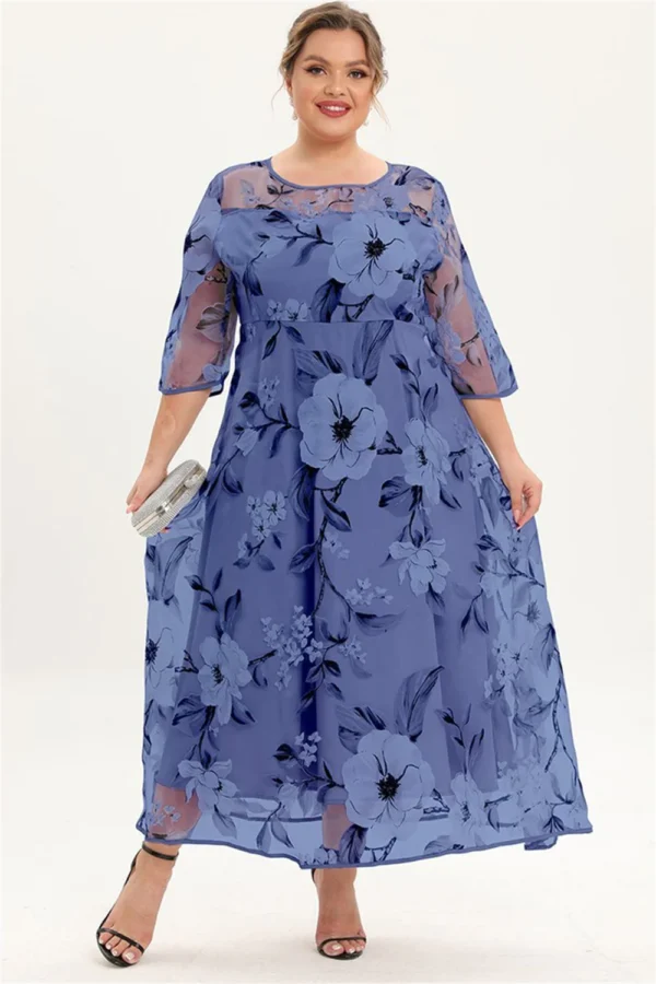 Flycurvy Plus Size Mother Of The Bride Grey and Green Floral Print Mesh Layered A Line Half Sleeve Tunic Maxi Dress - Image 7