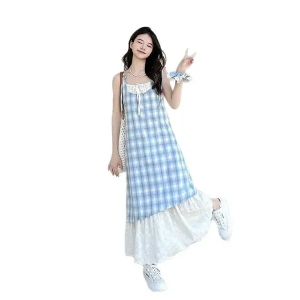 Summer 2025 New Style Women's Lace Splicing Plaid Strap Dress Loose Fit Slimming Midi Dress Fresh And Breathable Gown - Image 5