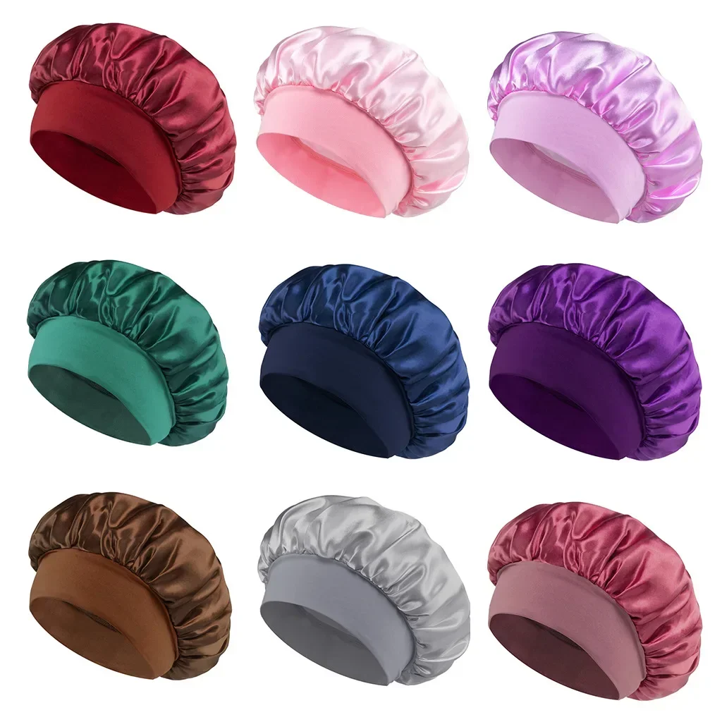 Women Satin Bonnet Hair Bonnet for Sleeping Hair Care Silk Bonnets Solid Wide-brimmed Sleeping Hat with Elastic Soft Band 1 Women Satin Bonnet Hair Bonnet for Sleeping Hair Care Silk Bonnets Solid Wide-brimmed Sleeping Hat with Elastic Soft Band