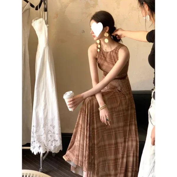 Modern Lover French Vintage Sleeveless Knot Large Swing Dress Waist-Cinching Long Gown High Collar Ankle-Length Women's Dress - Image 3