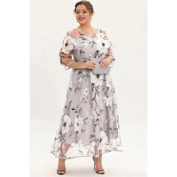 Flycurvy Plus Size Mother Of The Bride Grey and Green Floral Print Mesh Layered A Line Half Sleeve Tunic Maxi Dress - Image 2