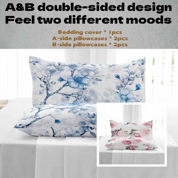 5pcs ultra-fine fiber printed bedding set, skin friendly, breathable, love flower themed home duvet cover pillowcase 5-piece set - Image 5