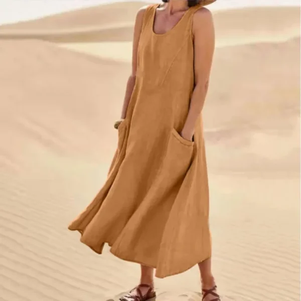 Korean Style Cotton Simulation Women's Dress round Neck Pocket Summer Dress Ankle Length Polyester Fiber No Sleeve - Image 9