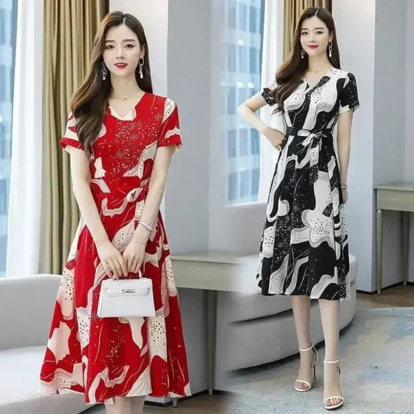 Plus Size V-Neck Korean Style Elegant Slimming Long Dress Short Sleeve Overhead Floral A- Line Skirt Women Summer Fashion Dress