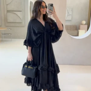 Women High Waist Full Sleeve A-line Long Dress White V Neck Chiffon Layered Ruffles Maxi Dresses Summer Lady High Street Robes