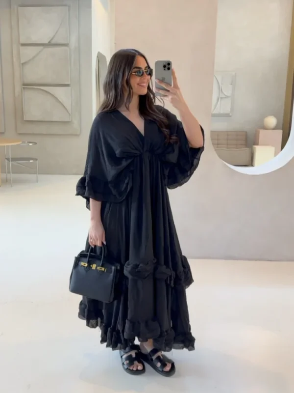 Women High Waist Full Sleeve A-line Long Dress White V Neck Chiffon Layered Ruffles Maxi Dresses Summer Lady High Street Robes