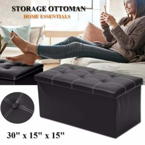 Large Capacity Folding Storage Stool, Leather Multifunctional Ottoman Seat Stool Footstool Toy Storage Box Bedroom Living Room - Image 4