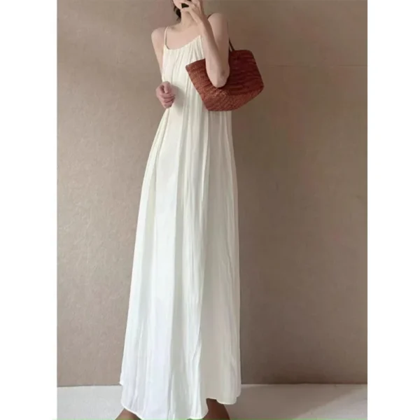 Extended Length Sliver Gown Maxi Dress Summer New Style Travel Photography Pleated Elegant Vest Dress Shoulder Baring Gown - Image 3