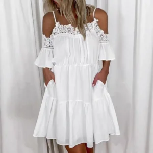 Princess Style Lace Splice Strap Dress Casual Holiday Pure Color Mini Skirt with Pleated Edge Fashionable New Arrival